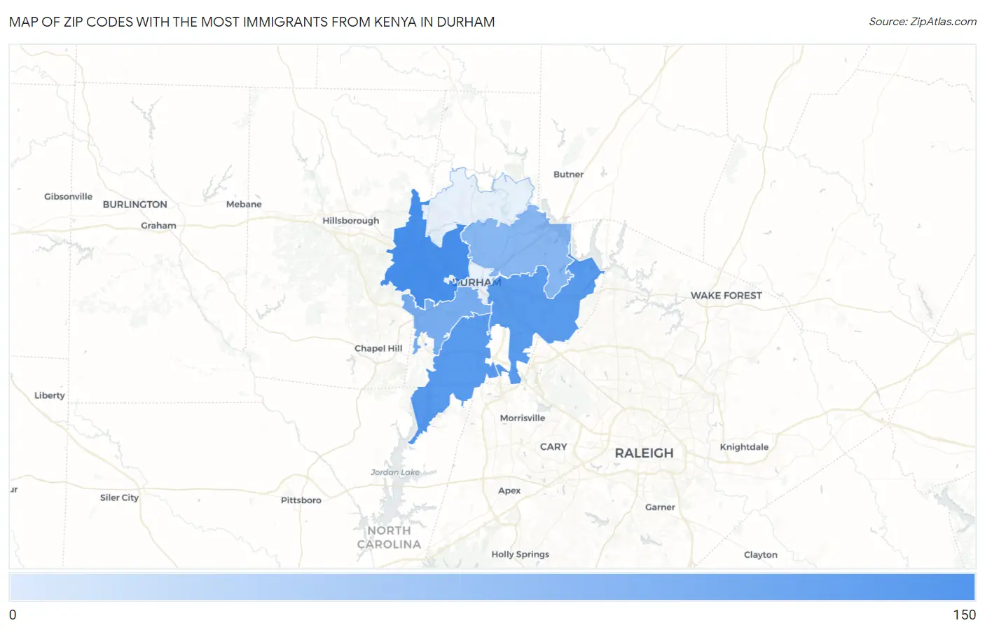 Zip Codes with the Most Immigrants from Kenya in Durham Map