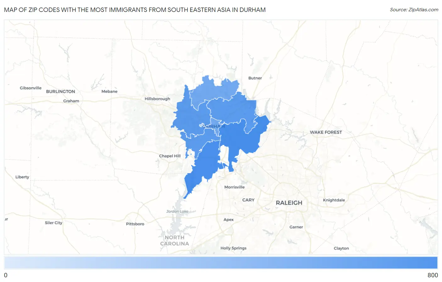 Zip Codes with the Most Immigrants from South Eastern Asia in Durham Map