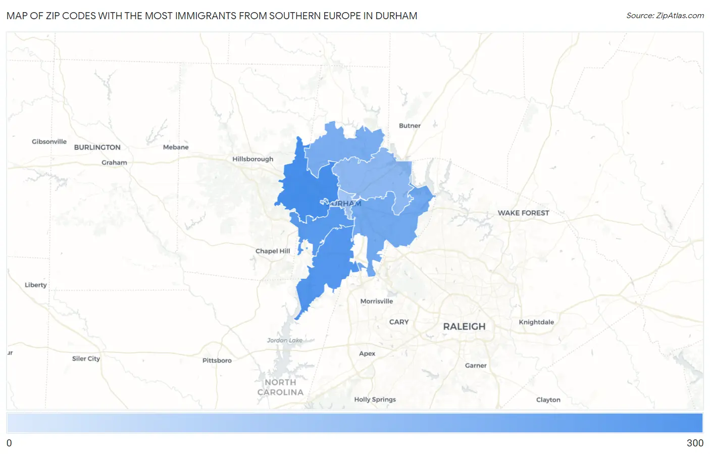 Zip Codes with the Most Immigrants from Southern Europe in Durham Map