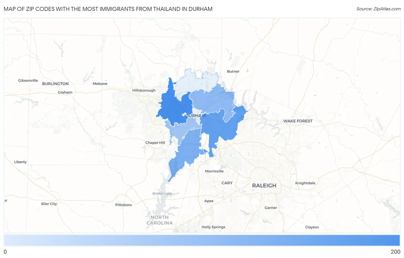 Zip Codes with the Most Immigrants from Thailand in Durham Map