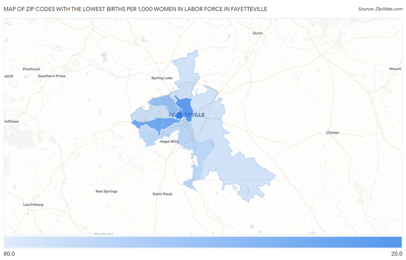 Zip Codes with the Lowest Births per 1,000 Women in Labor Force in Fayetteville Map
