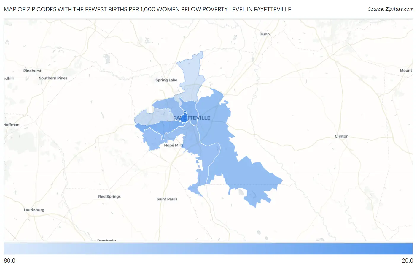 Zip Codes with the Fewest Births per 1,000 Women Below Poverty Level in Fayetteville Map