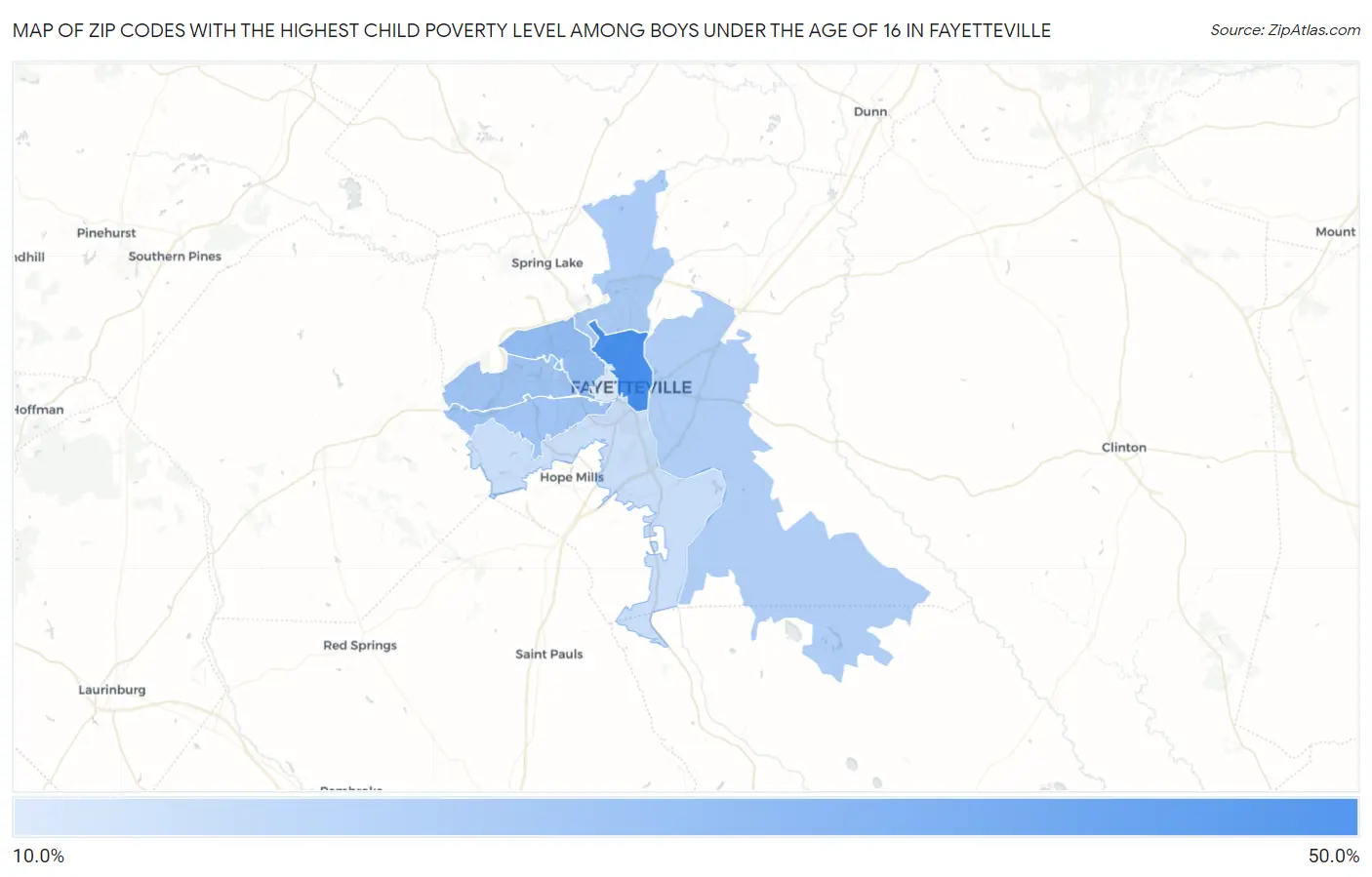 Zip Codes with the Highest Child Poverty Level Among Boys Under the Age of 16 in Fayetteville Map