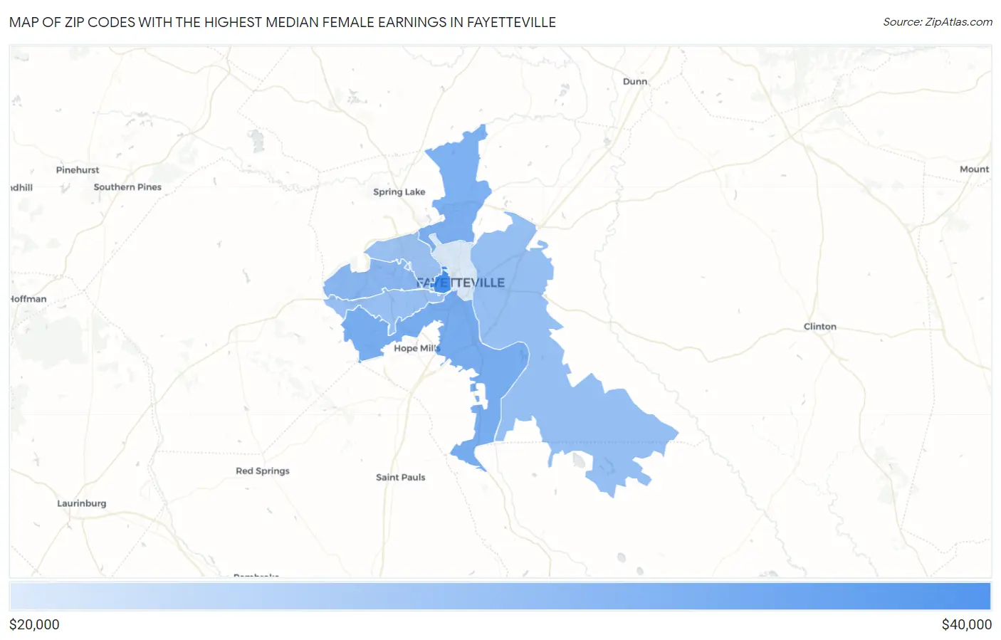 Zip Codes with the Highest Median Female Earnings in Fayetteville Map