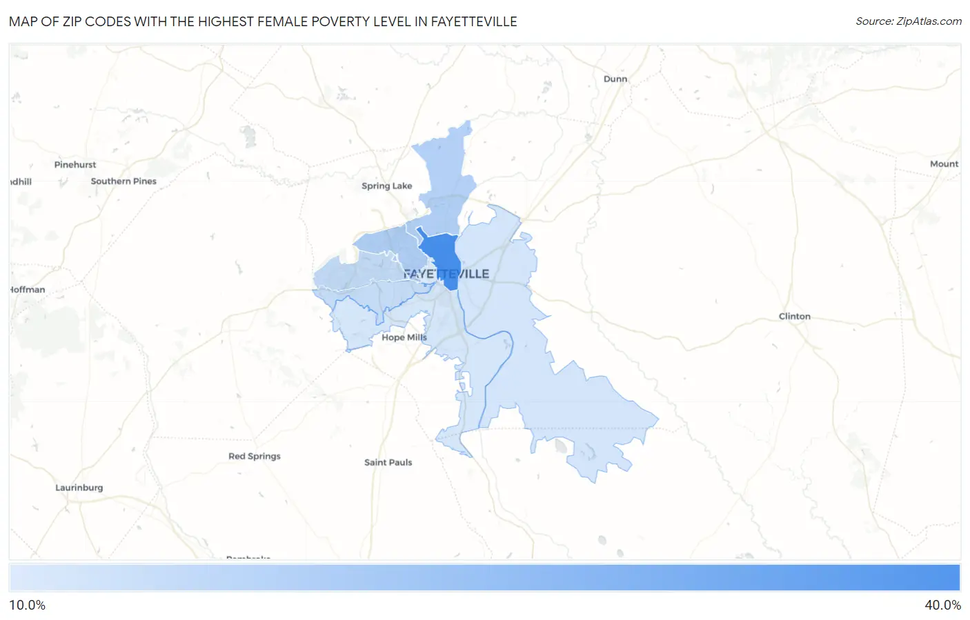 Zip Codes with the Highest Female Poverty Level in Fayetteville Map