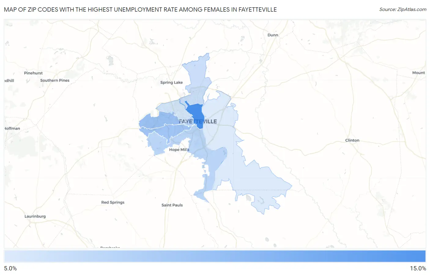 Zip Codes with the Highest Unemployment Rate Among Females in Fayetteville Map