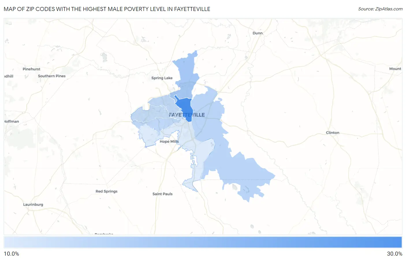 Zip Codes with the Highest Male Poverty Level in Fayetteville Map