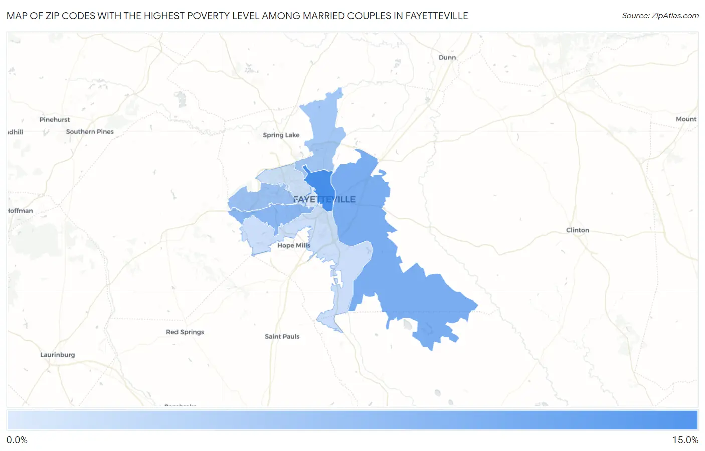 Zip Codes with the Highest Poverty Level Among Married Couples in Fayetteville Map