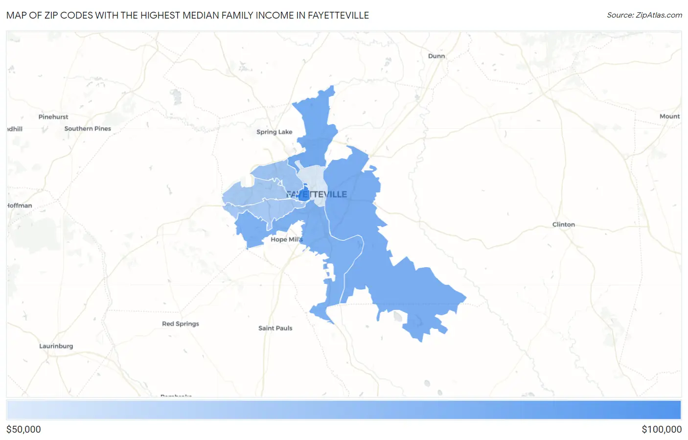 Zip Codes with the Highest Median Family Income in Fayetteville Map