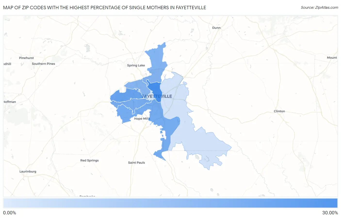 Zip Codes with the Highest Percentage of Single Mothers in Fayetteville Map