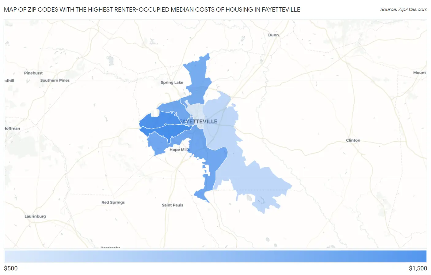 Zip Codes with the Highest Renter-Occupied Median Costs of Housing in Fayetteville Map
