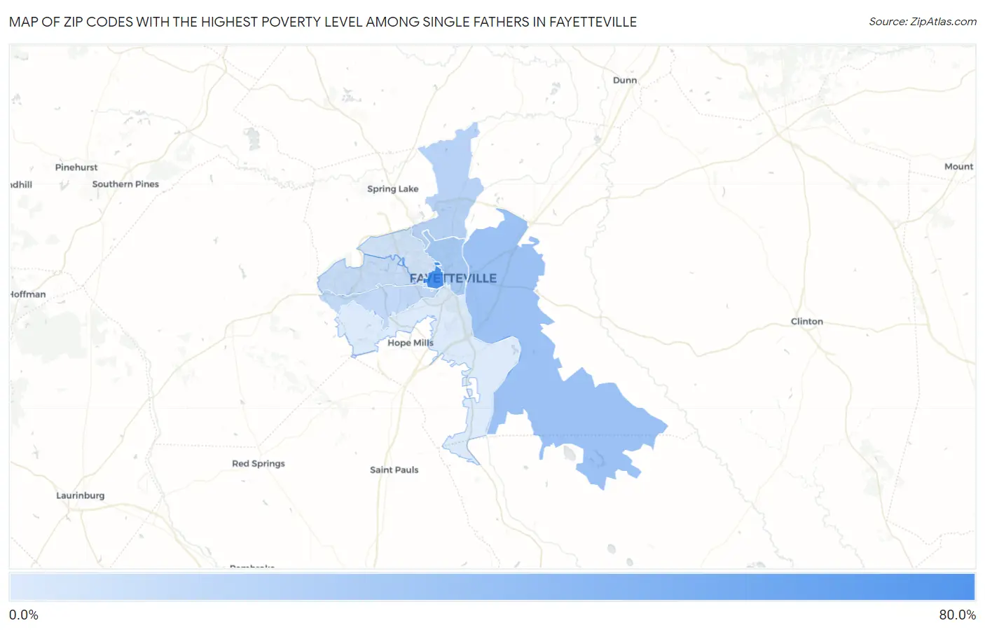 Zip Codes with the Highest Poverty Level Among Single Fathers in Fayetteville Map