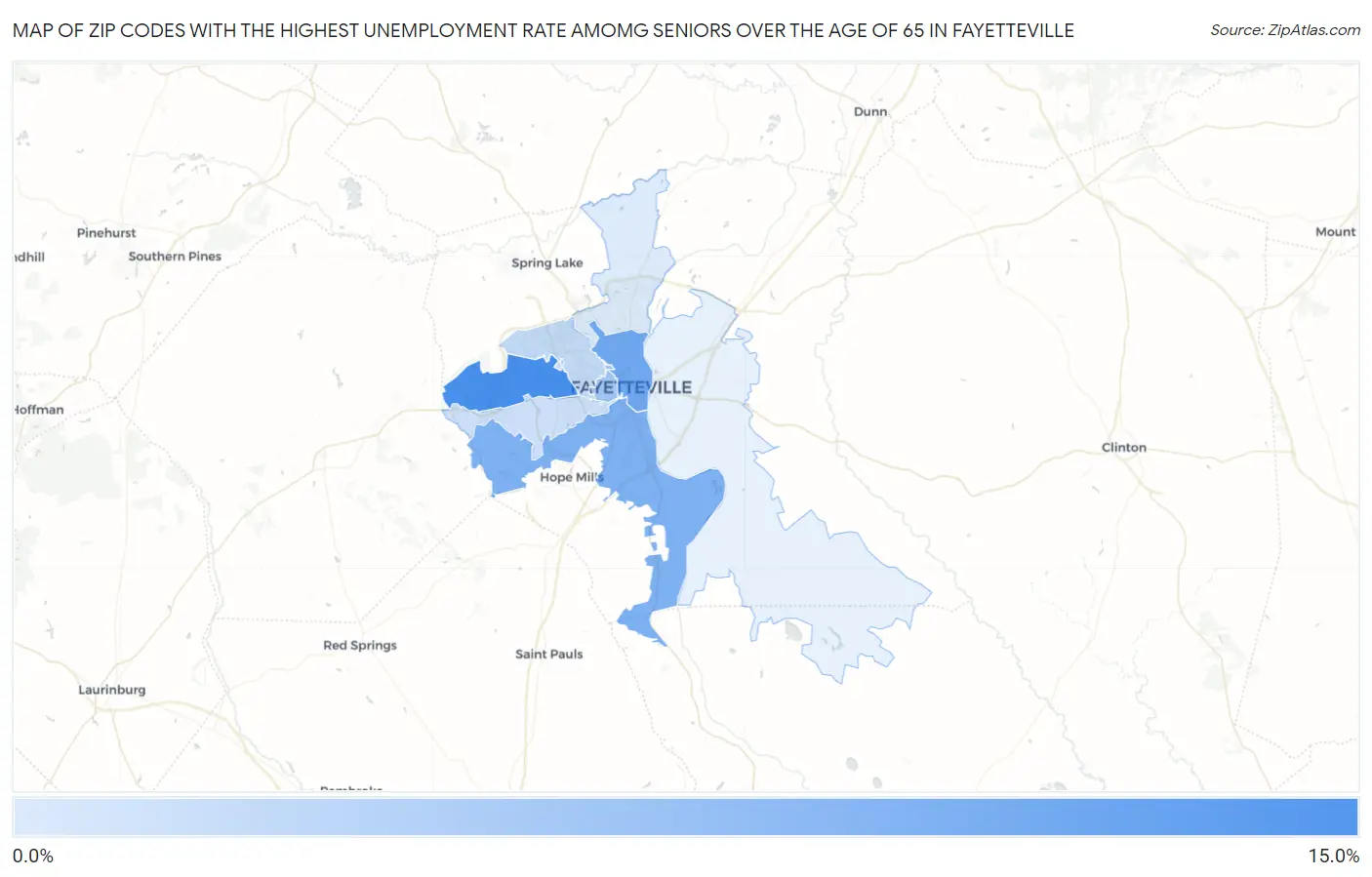 Zip Codes with the Highest Unemployment Rate Amomg Seniors Over the Age of 65 in Fayetteville Map
