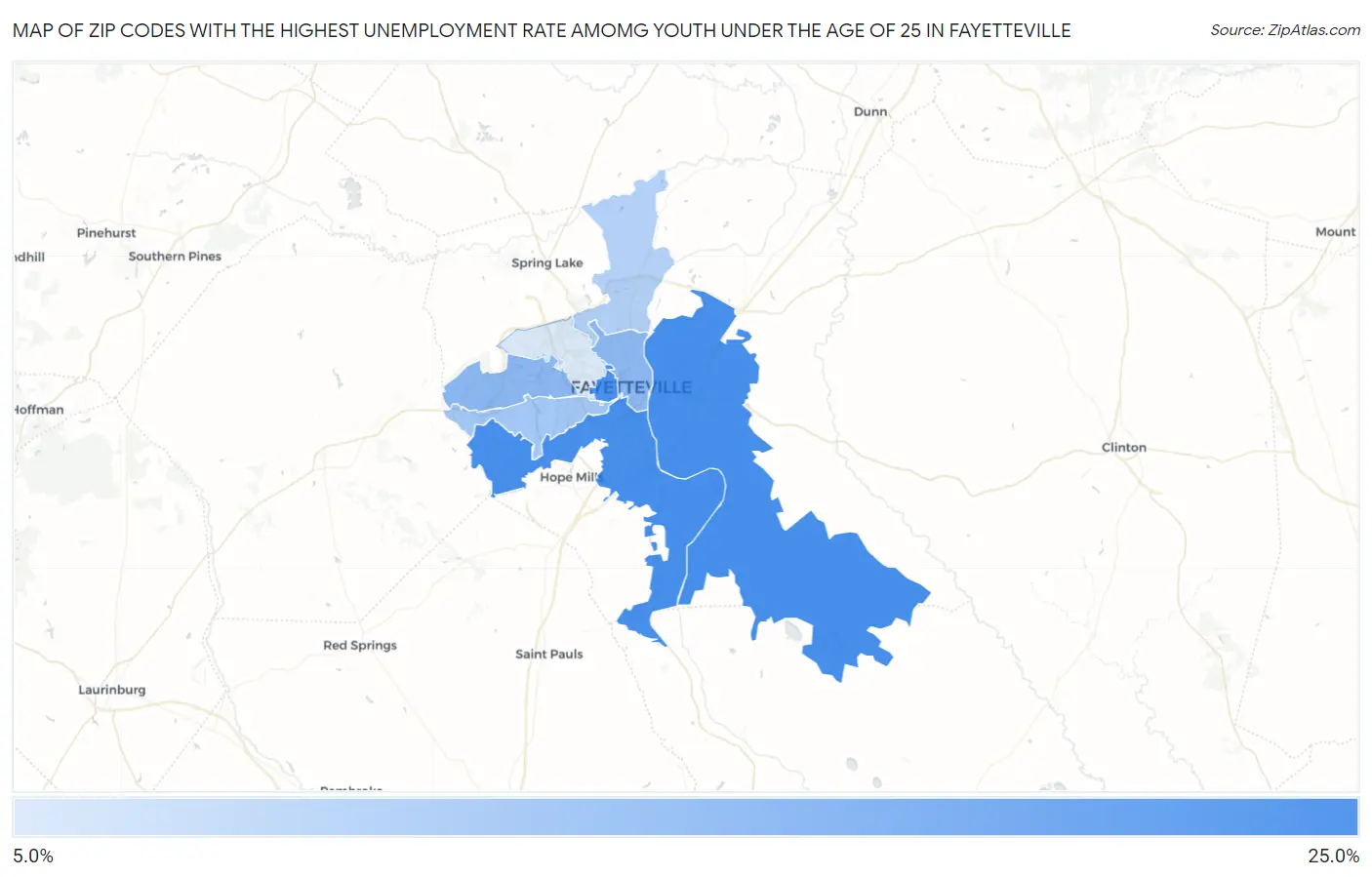 Zip Codes with the Highest Unemployment Rate Amomg Youth Under the Age of 25 in Fayetteville Map