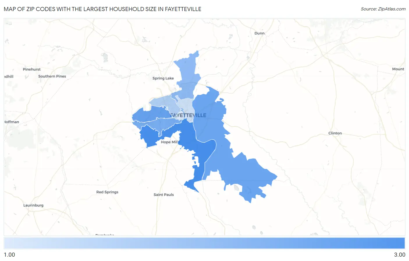 Zip Codes with the Largest Household Size in Fayetteville Map