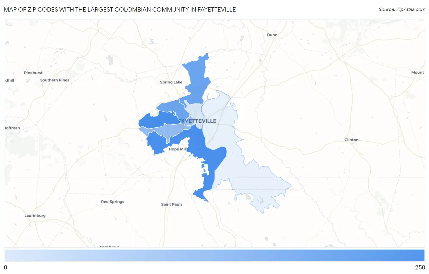 Zip Codes with the Largest Colombian Community in Fayetteville Map
