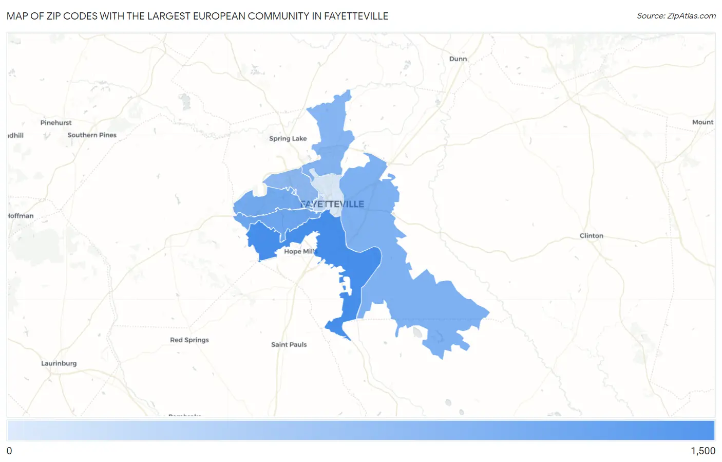 Zip Codes with the Largest European Community in Fayetteville Map