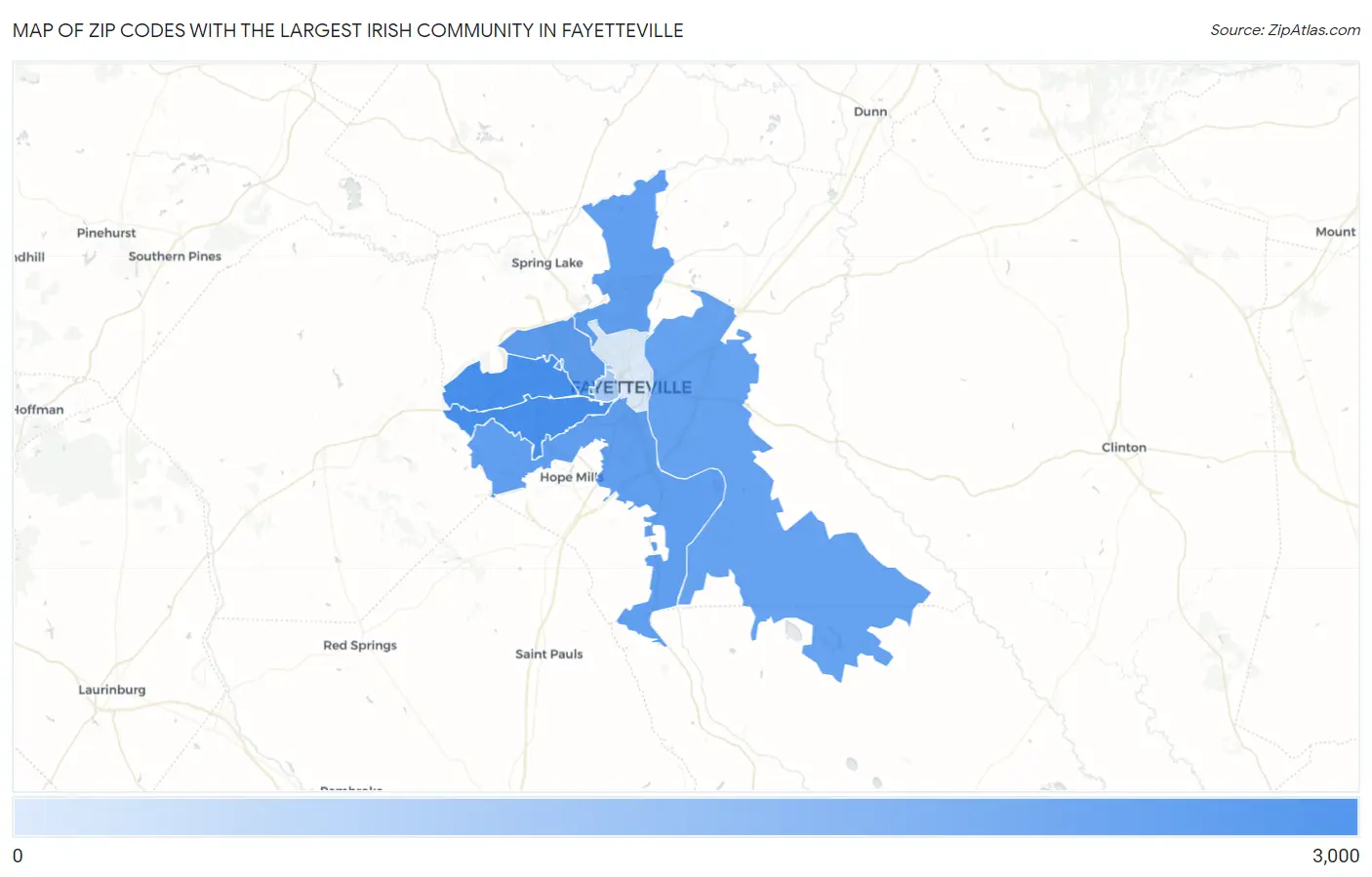Zip Codes with the Largest Irish Community in Fayetteville Map