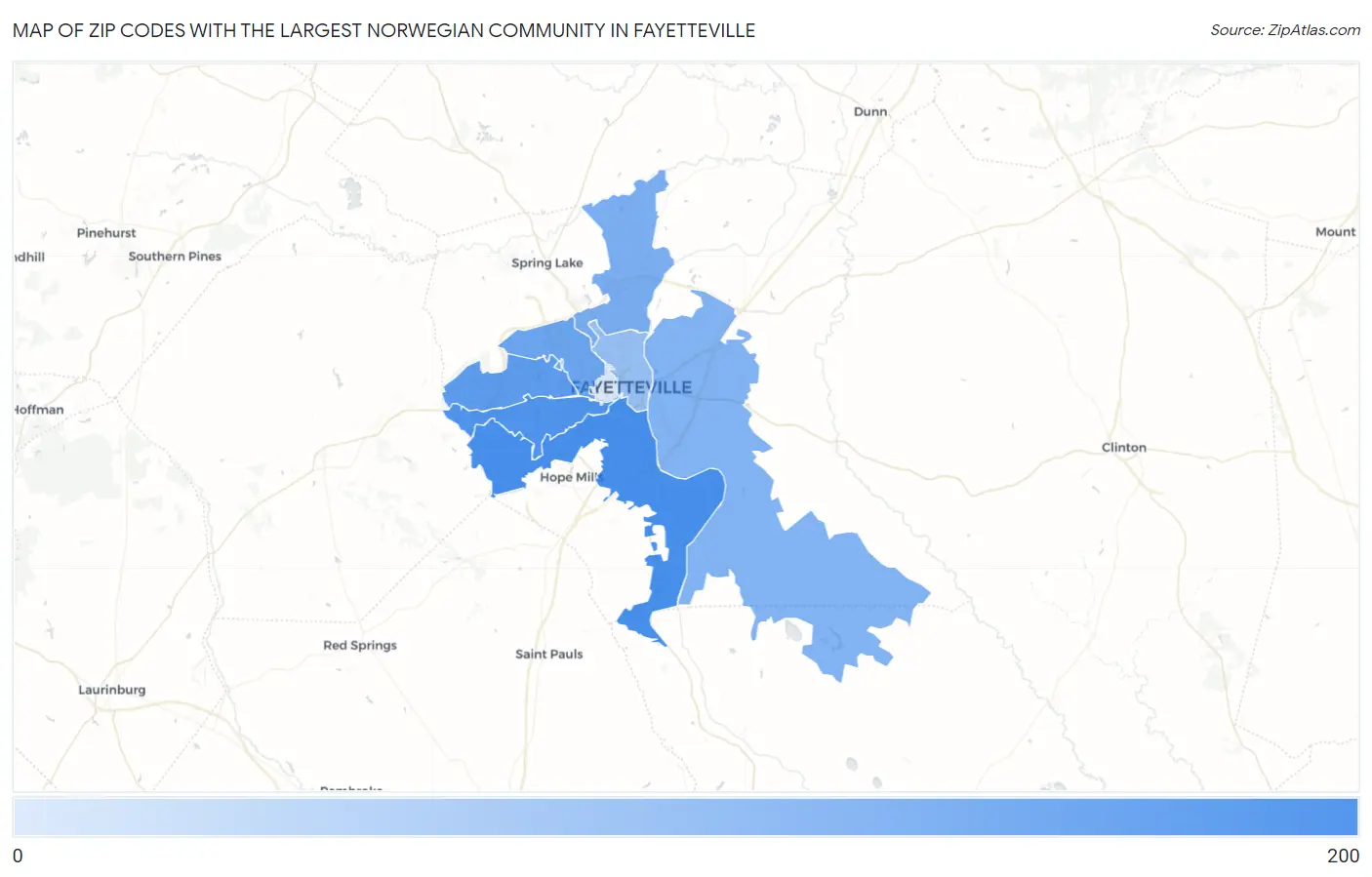 Zip Codes with the Largest Norwegian Community in Fayetteville Map