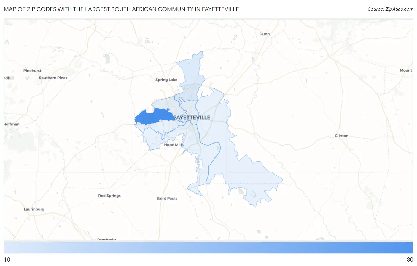 Zip Codes with the Largest South African Community in Fayetteville Map