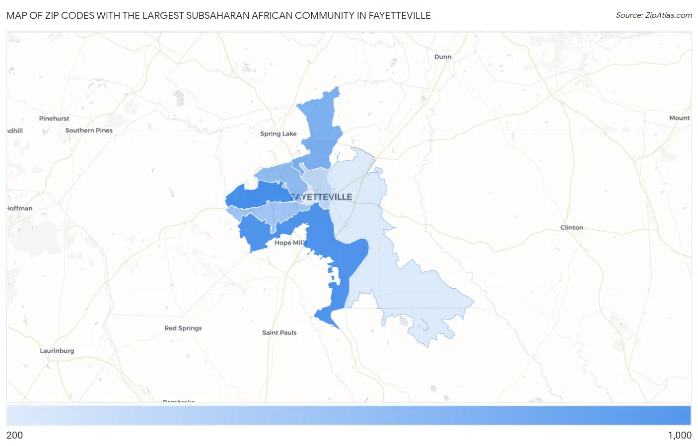 Zip Codes with the Largest Subsaharan African Community in Fayetteville Map