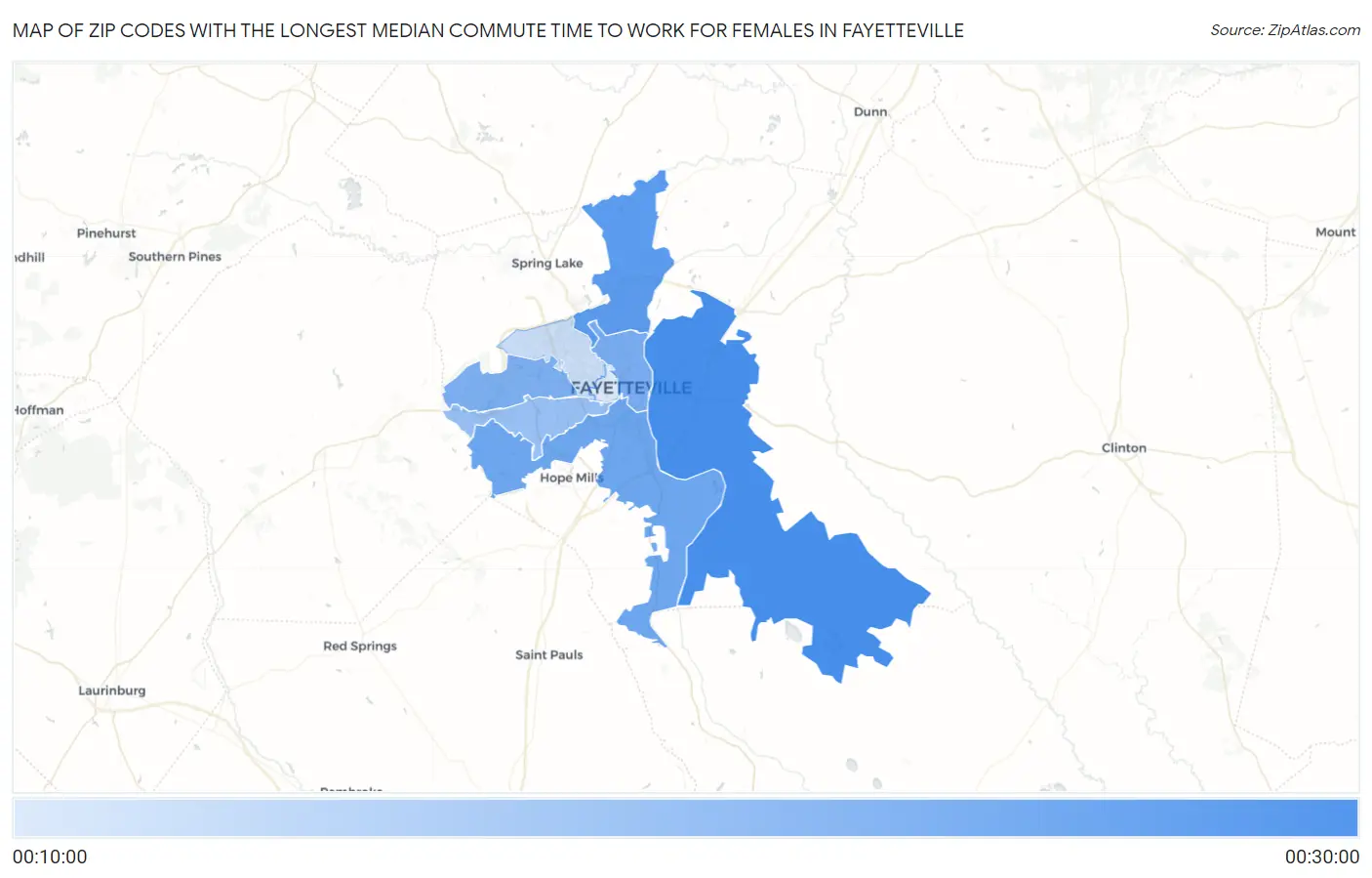 Zip Codes with the Longest Median Commute Time to Work for Females in Fayetteville Map