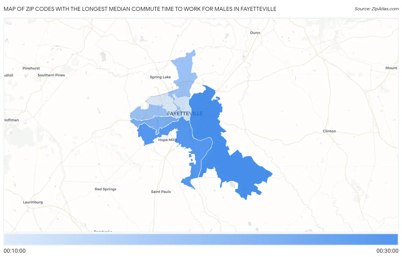 Zip Codes with the Longest Median Commute Time to Work for Males in Fayetteville Map