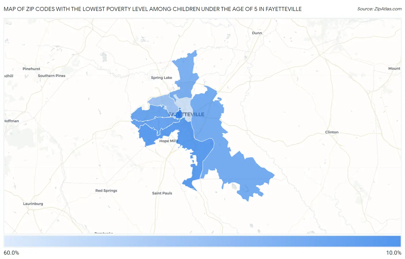 Zip Codes with the Lowest Poverty Level Among Children Under the Age of 5 in Fayetteville Map