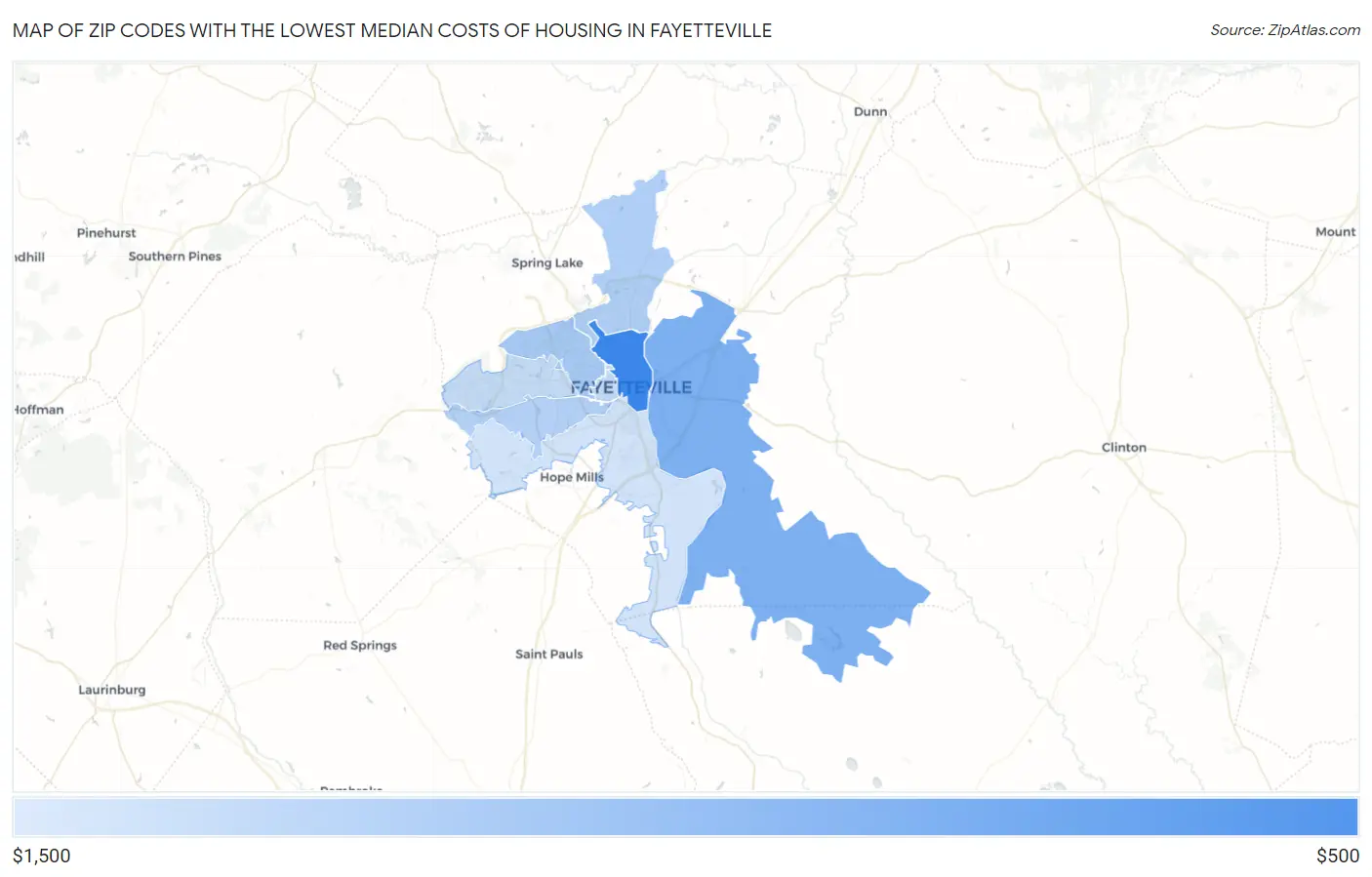 Zip Codes with the Lowest Median Costs of Housing in Fayetteville Map