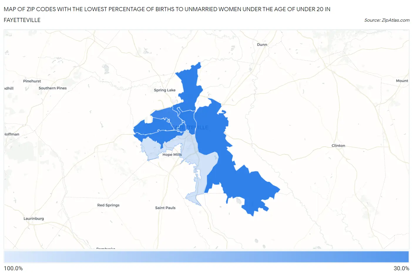 Zip Codes with the Lowest Percentage of Births to Unmarried Women under the Age of under 20 in Fayetteville Map
