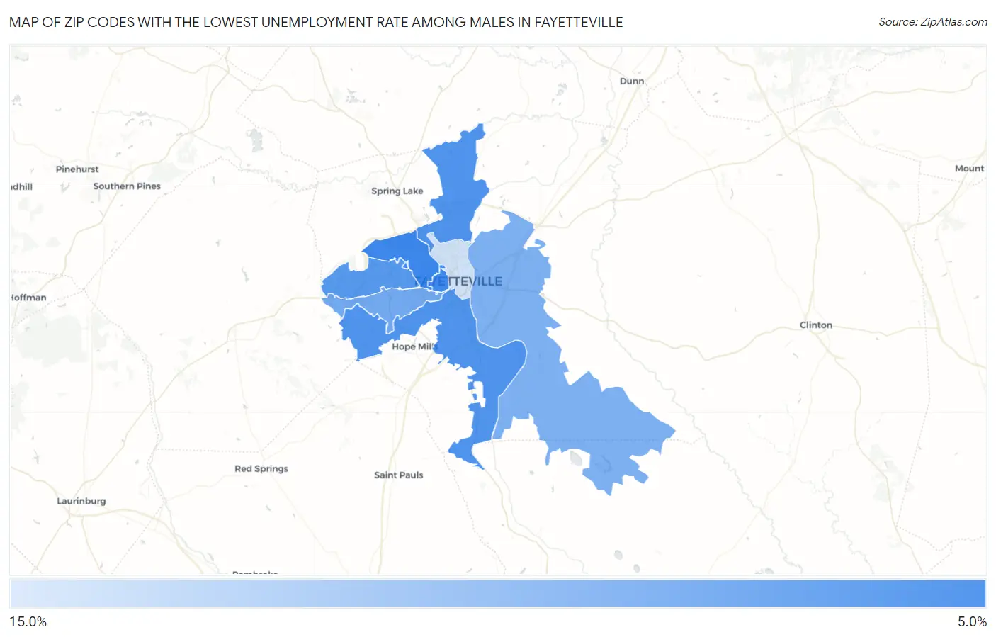 Zip Codes with the Lowest Unemployment Rate Among Males in Fayetteville Map
