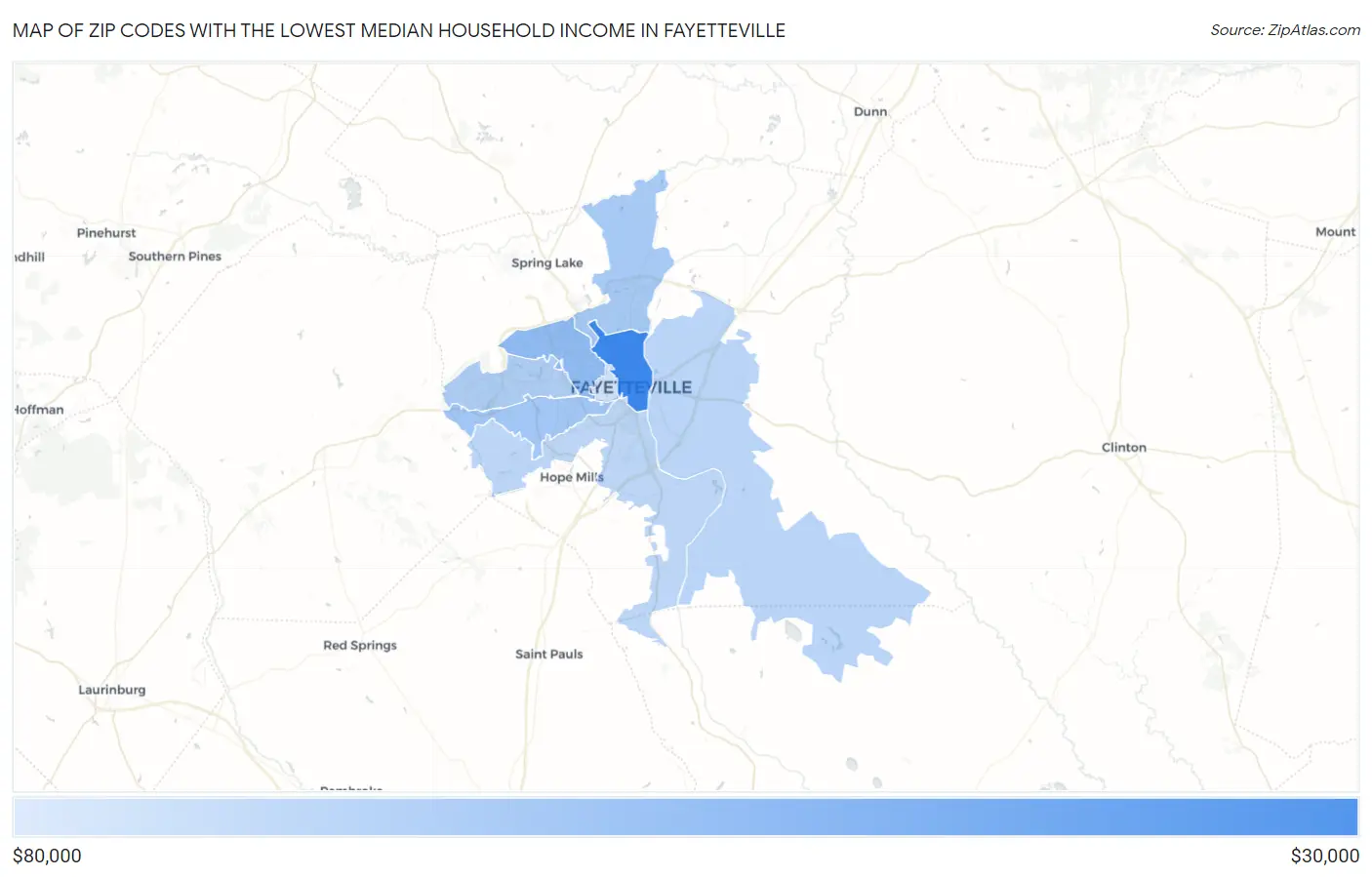 Zip Codes with the Lowest Median Household Income in Fayetteville Map