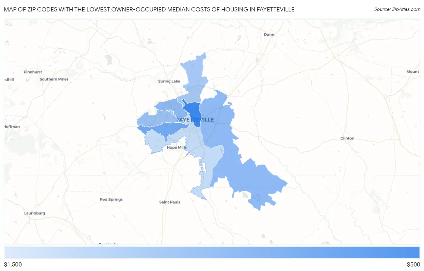 Zip Codes with the Lowest Owner-Occupied Median Costs of Housing in Fayetteville Map
