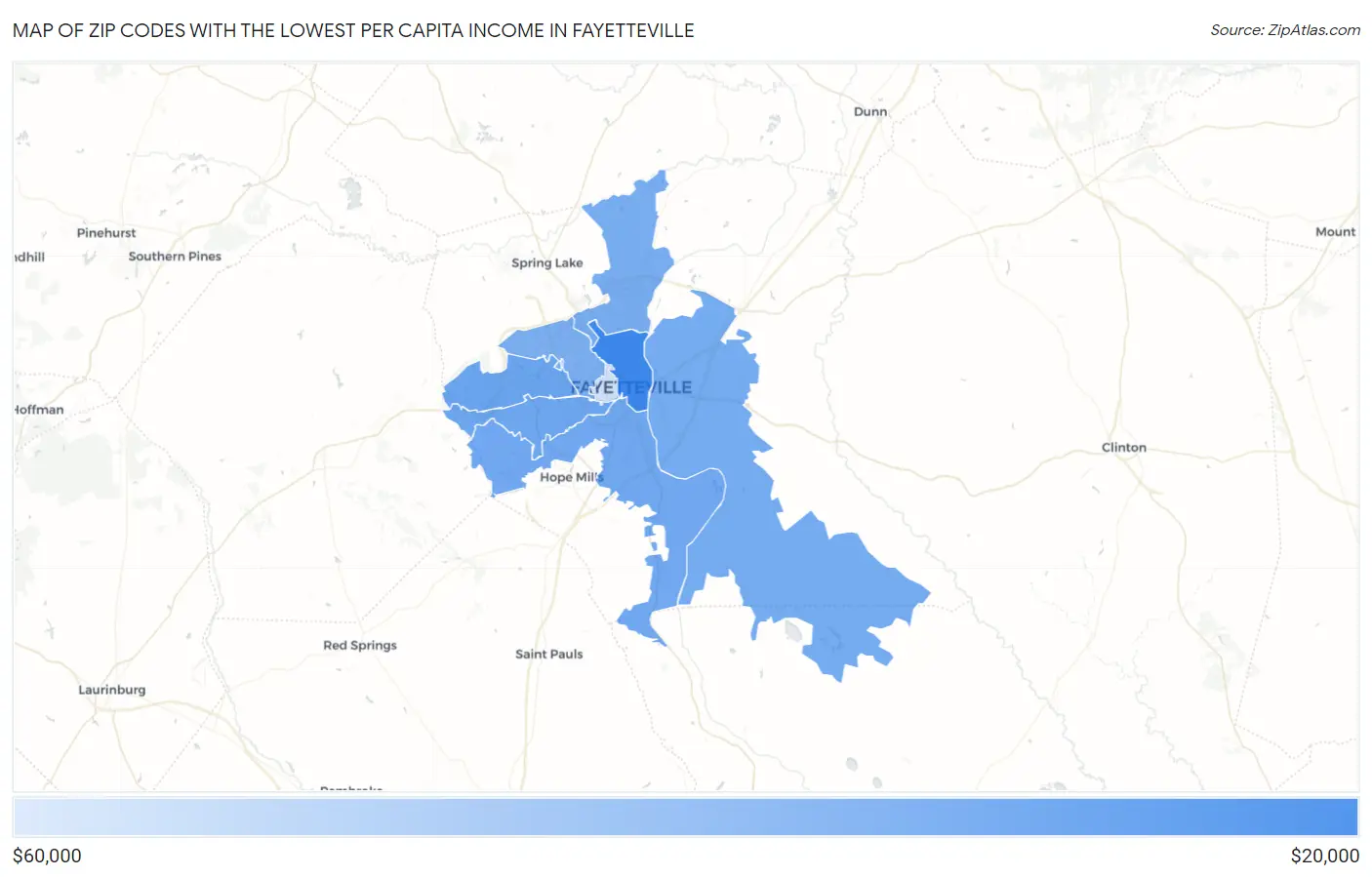 Zip Codes with the Lowest Per Capita Income in Fayetteville Map