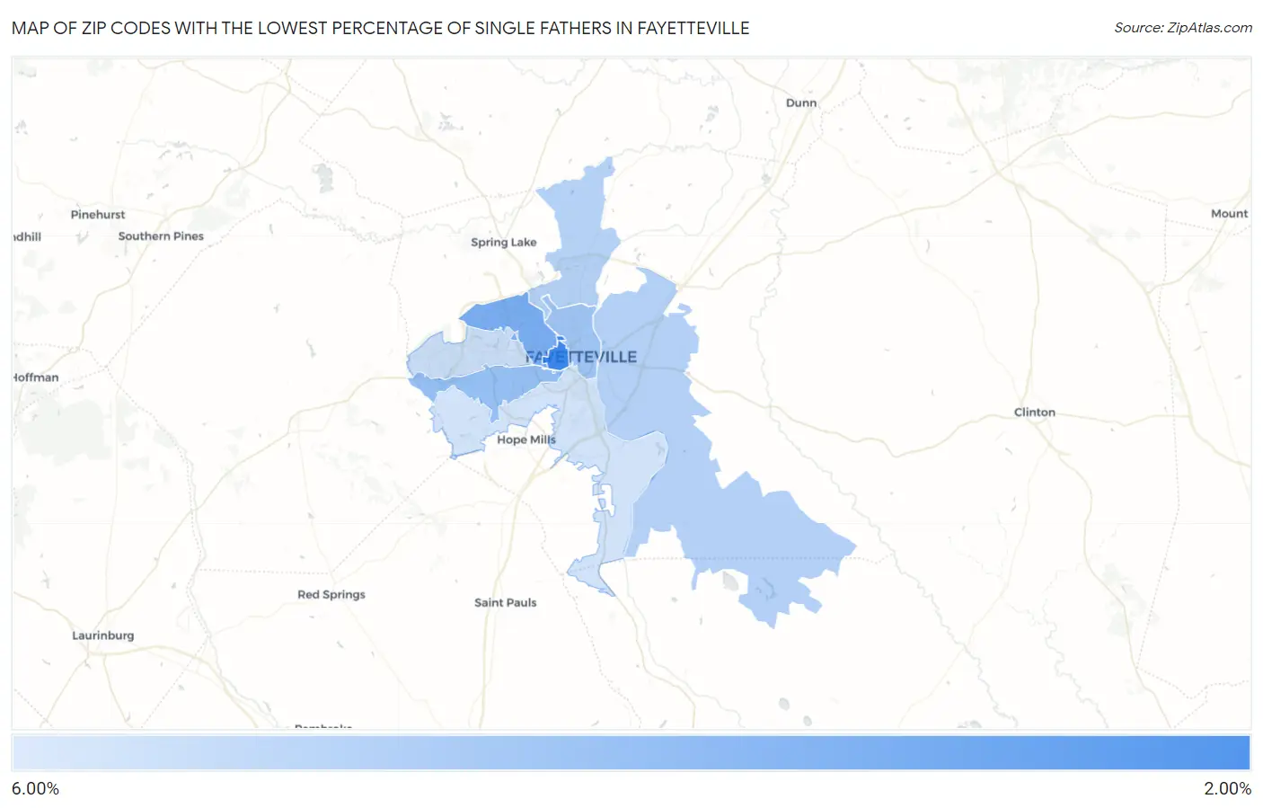 Zip Codes with the Lowest Percentage of Single Fathers in Fayetteville Map