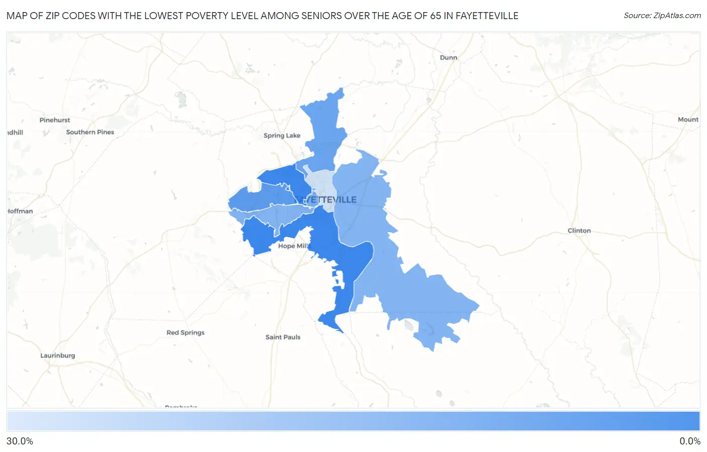 Zip Codes with the Lowest Poverty Level Among Seniors Over the Age of 65 in Fayetteville Map