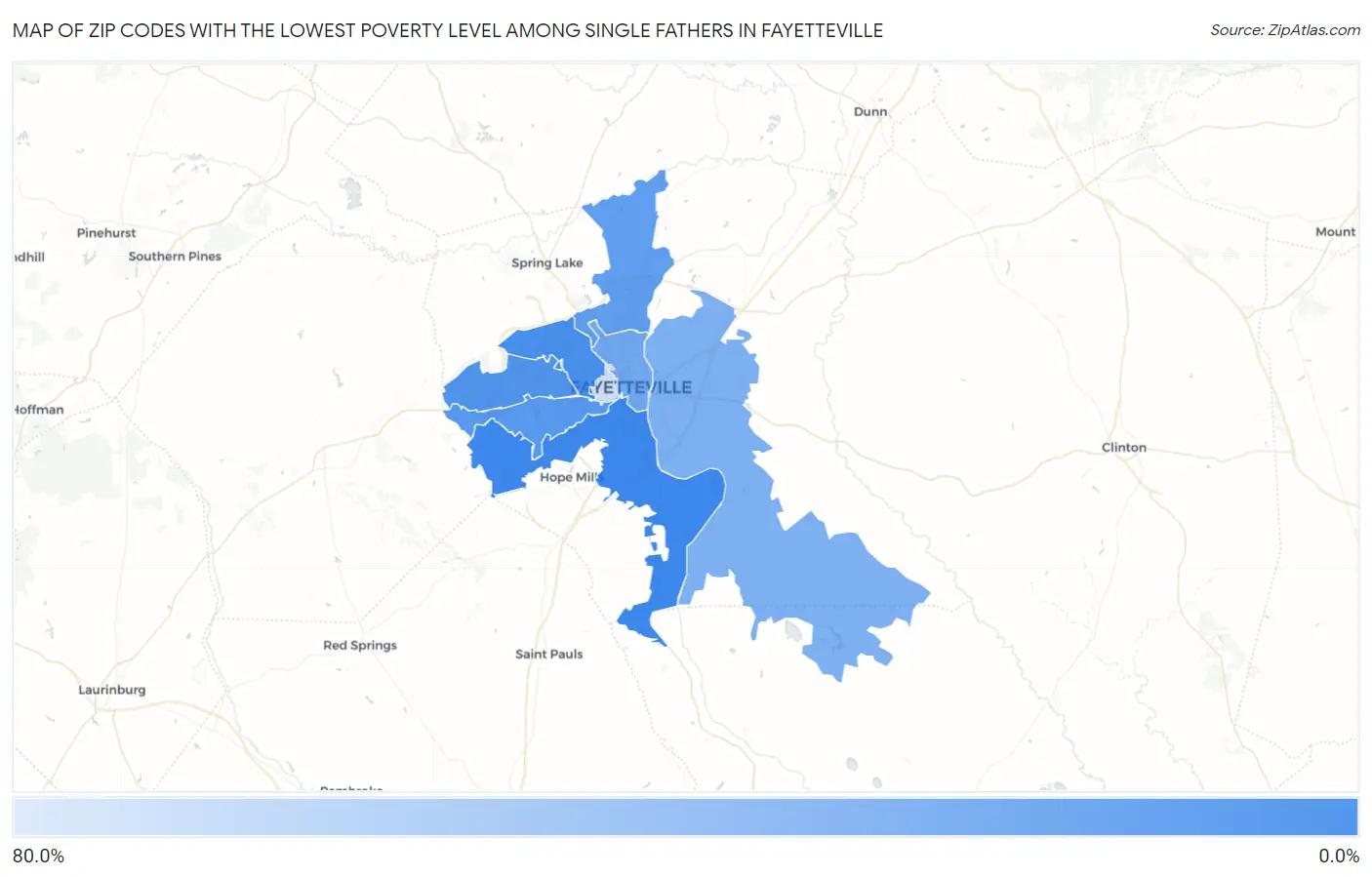 Zip Codes with the Lowest Poverty Level Among Single Fathers in Fayetteville Map