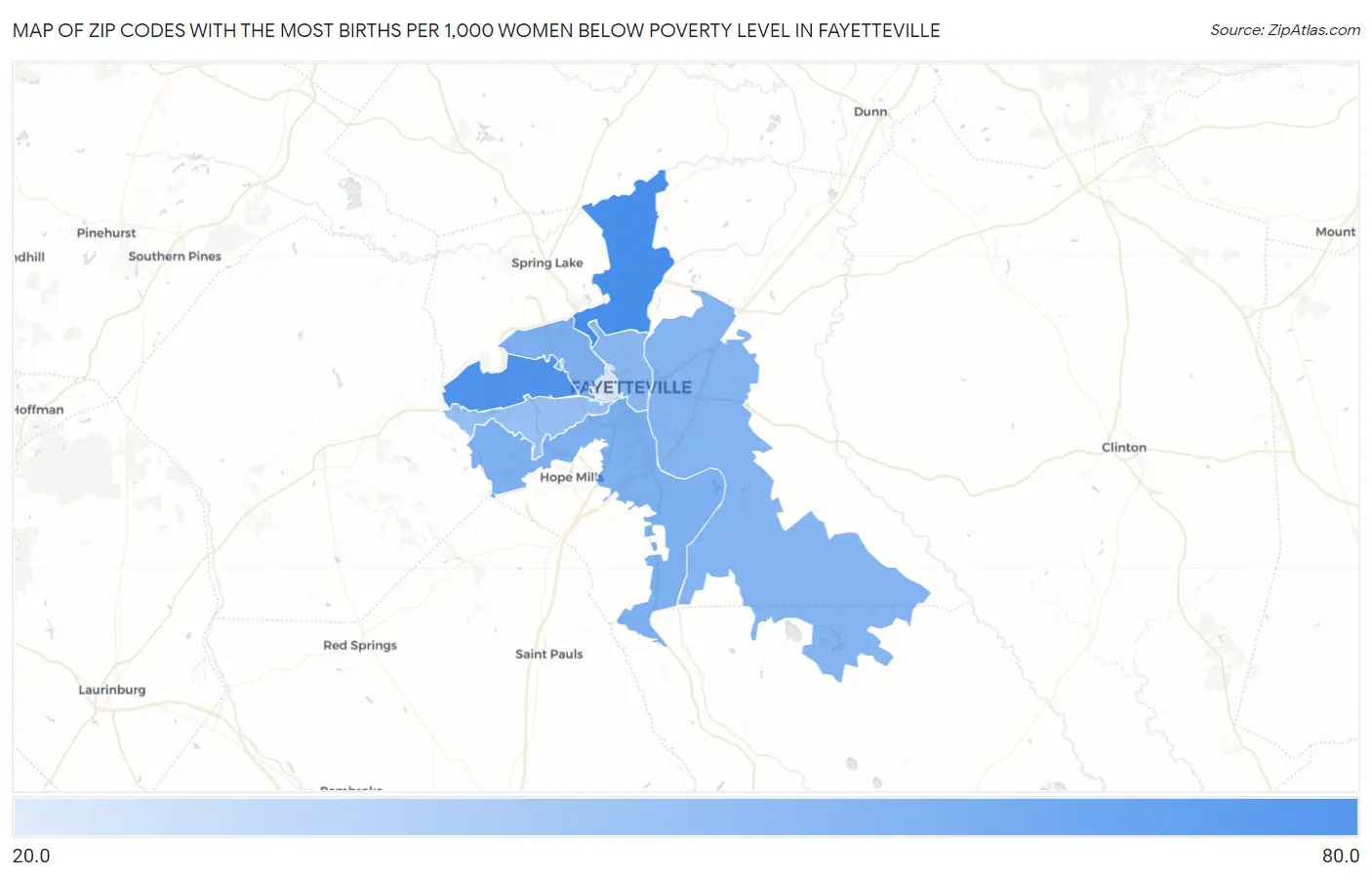 Zip Codes with the Most Births per 1,000 Women Below Poverty Level in Fayetteville Map