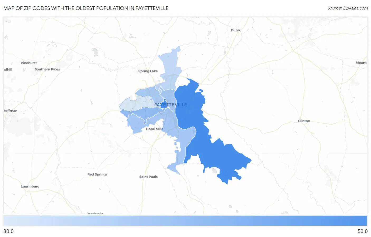 Zip Codes with the Oldest Population in Fayetteville Map