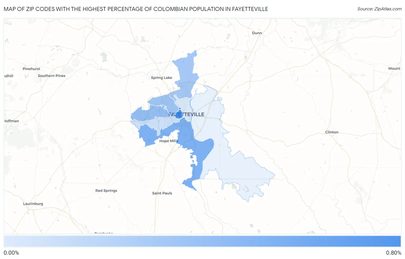 Zip Codes with the Highest Percentage of Colombian Population in Fayetteville Map