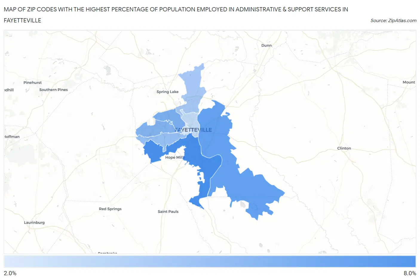 Zip Codes with the Highest Percentage of Population Employed in Administrative & Support Services in Fayetteville Map