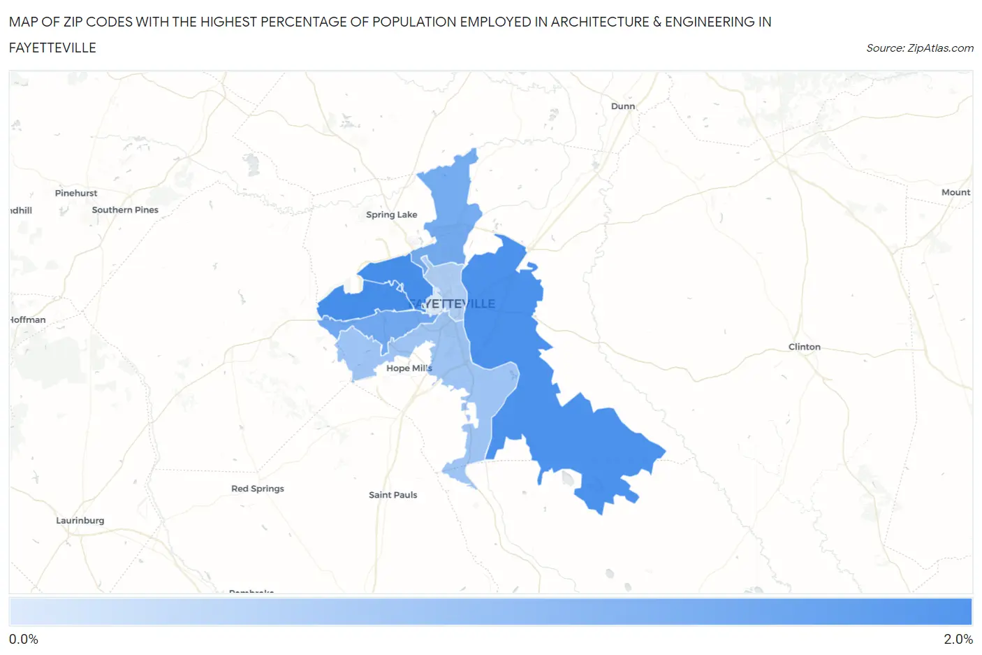 Zip Codes with the Highest Percentage of Population Employed in Architecture & Engineering in Fayetteville Map