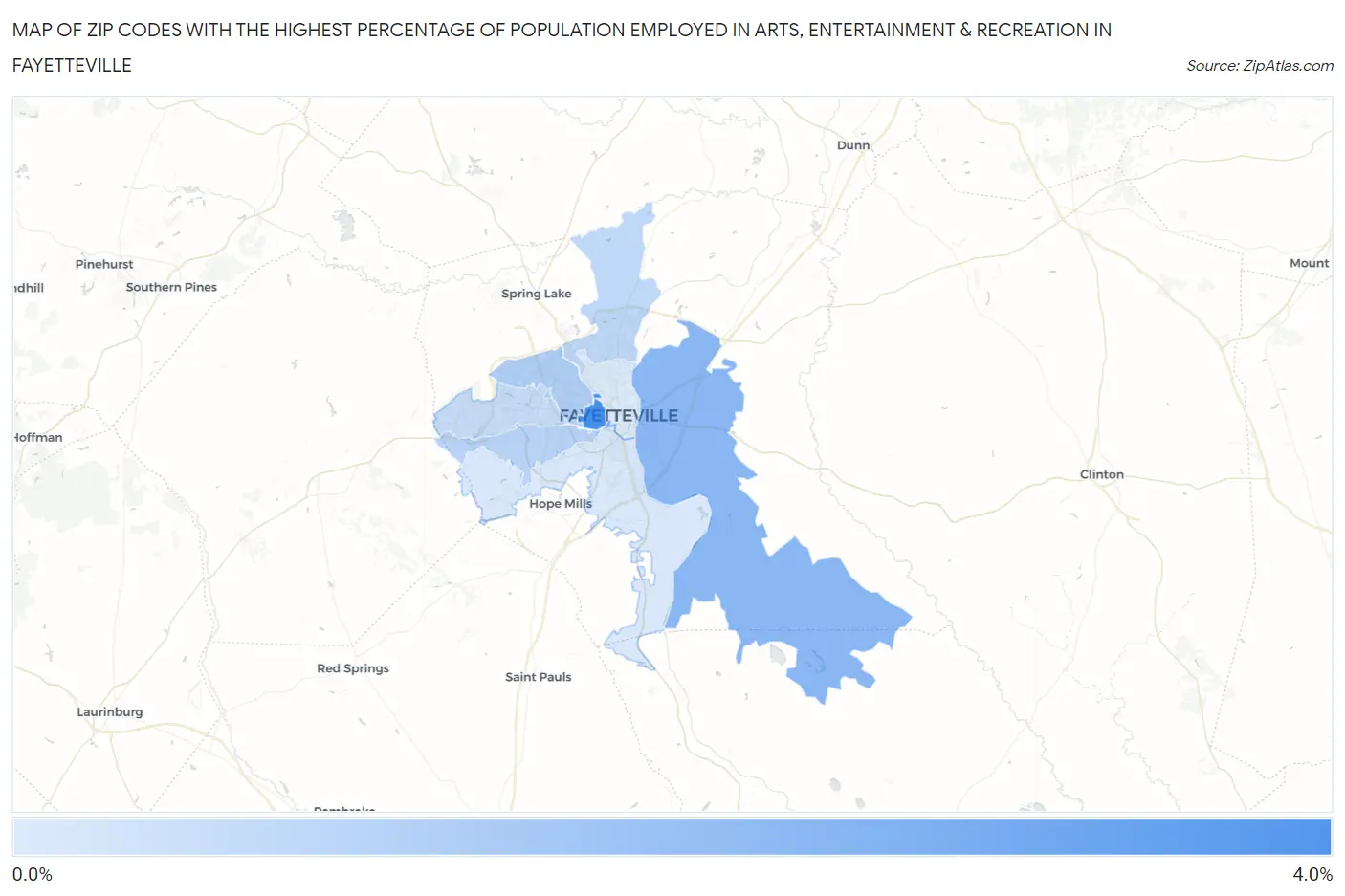 Zip Codes with the Highest Percentage of Population Employed in Arts, Entertainment & Recreation in Fayetteville Map