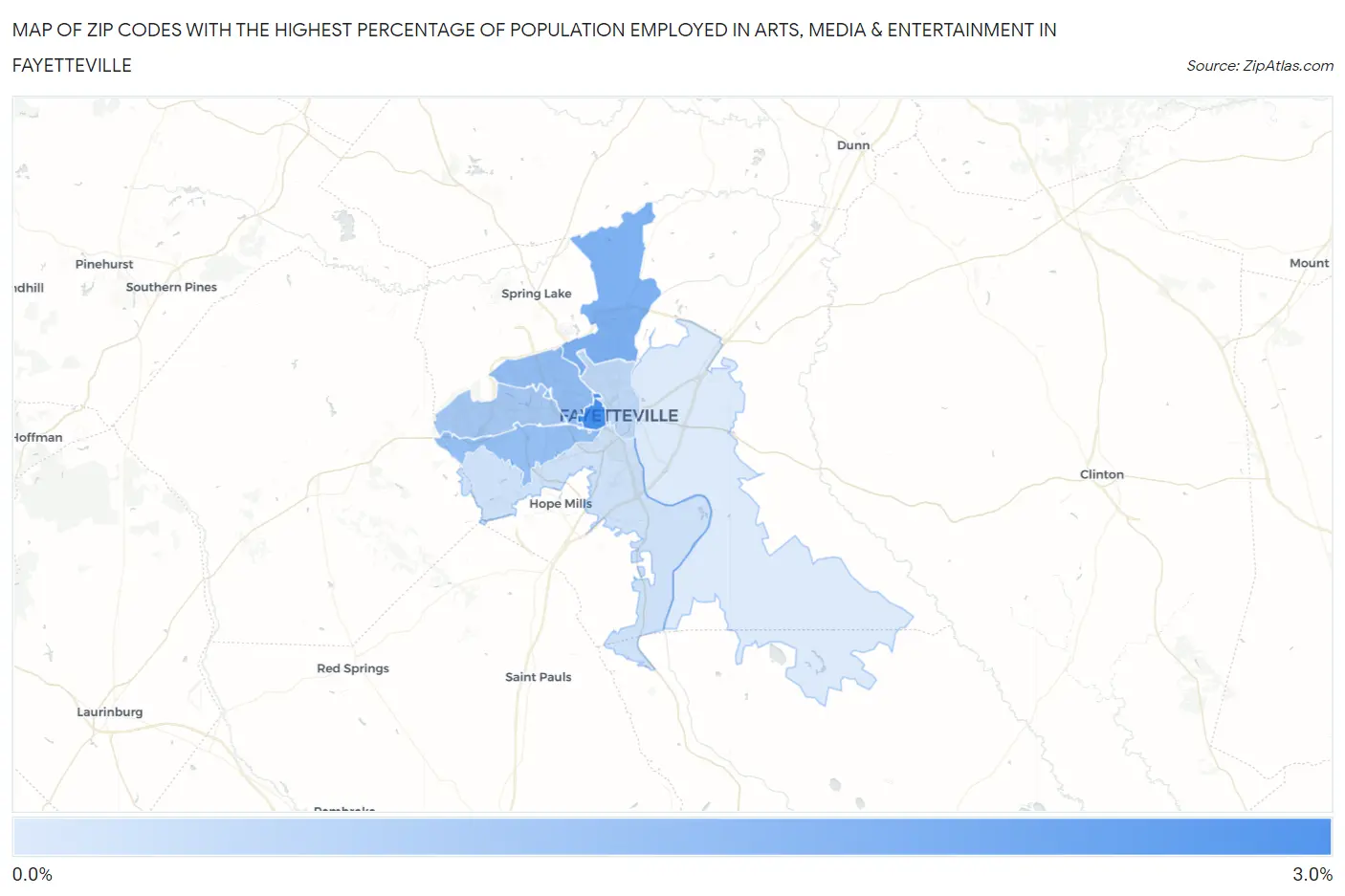 Zip Codes with the Highest Percentage of Population Employed in Arts, Media & Entertainment in Fayetteville Map