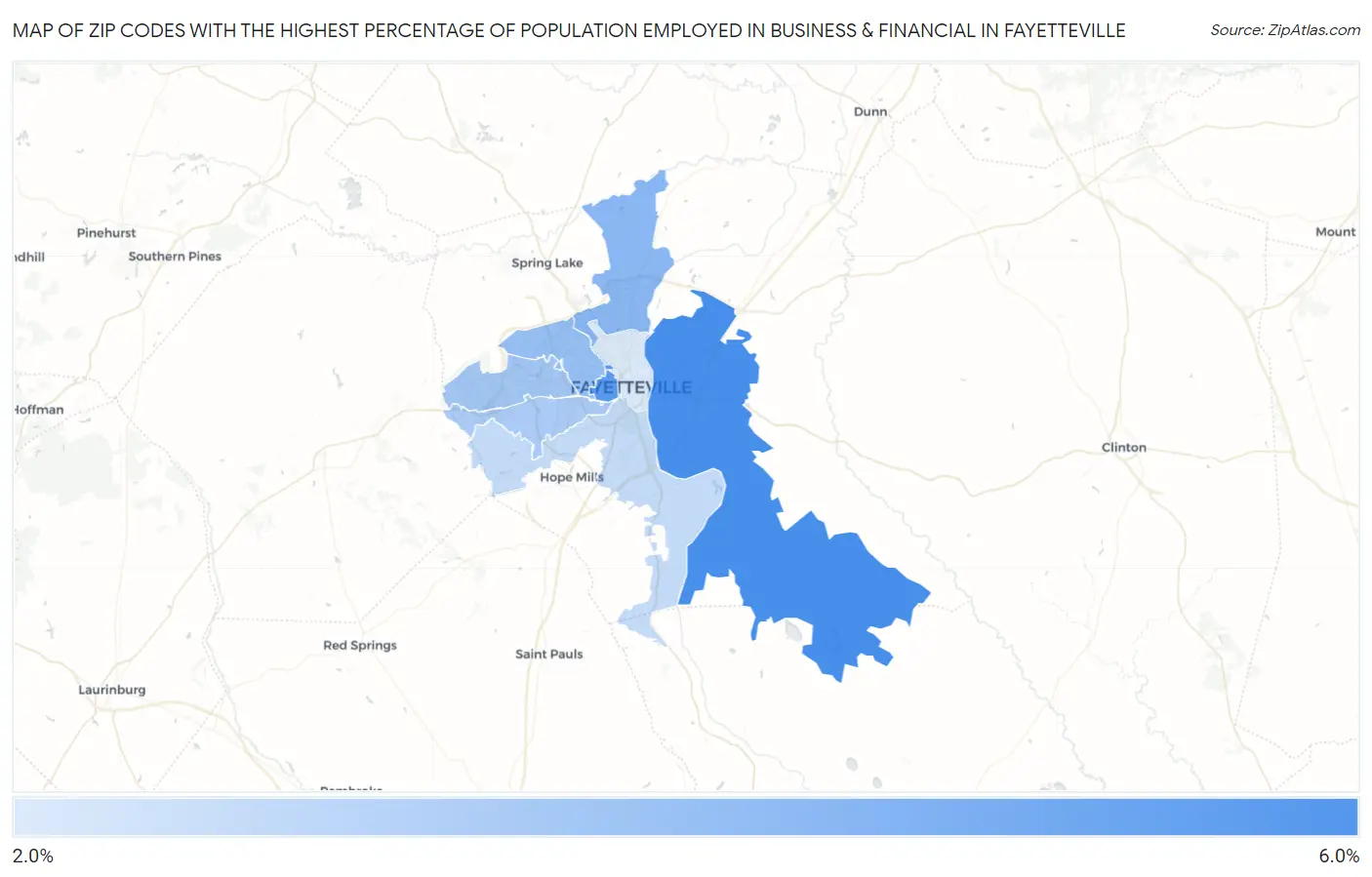 Zip Codes with the Highest Percentage of Population Employed in Business & Financial in Fayetteville Map