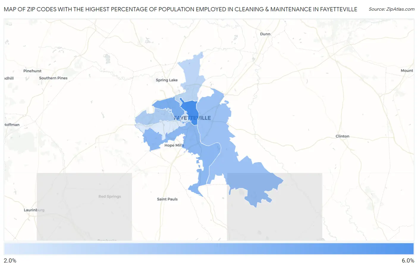 Zip Codes with the Highest Percentage of Population Employed in Cleaning & Maintenance in Fayetteville Map