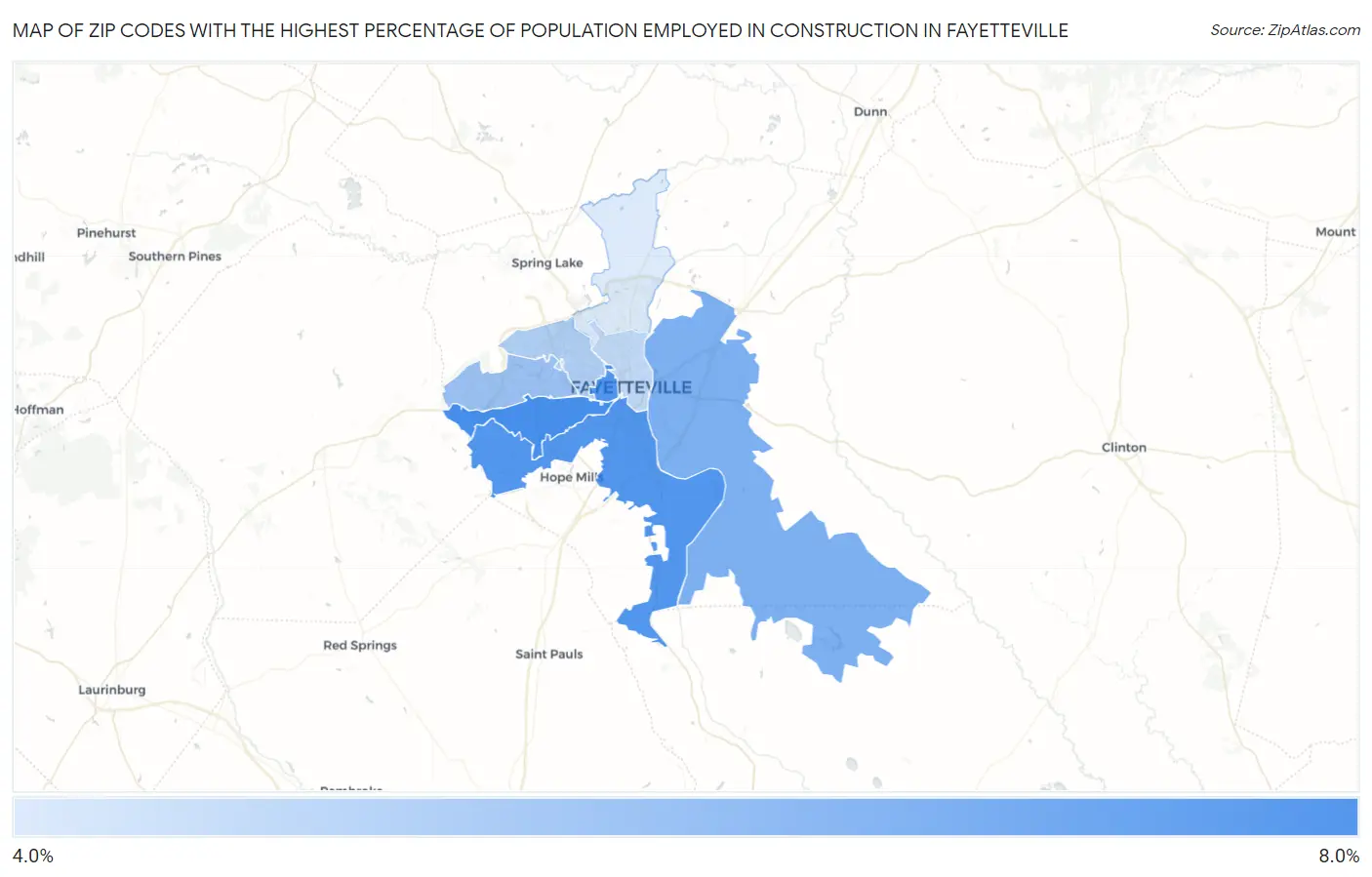 Zip Codes with the Highest Percentage of Population Employed in Construction in Fayetteville Map