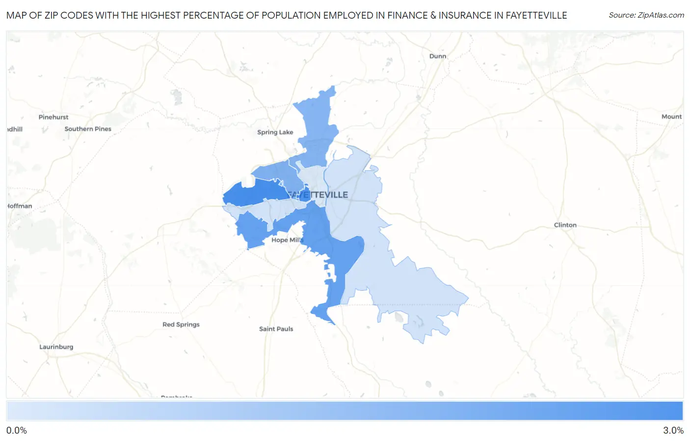 Zip Codes with the Highest Percentage of Population Employed in Finance & Insurance in Fayetteville Map