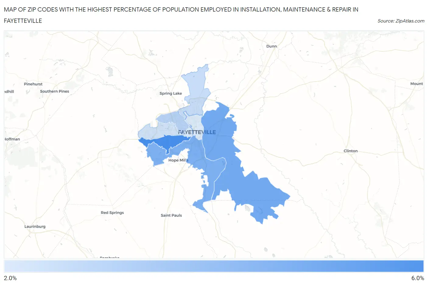 Zip Codes with the Highest Percentage of Population Employed in Installation, Maintenance & Repair in Fayetteville Map