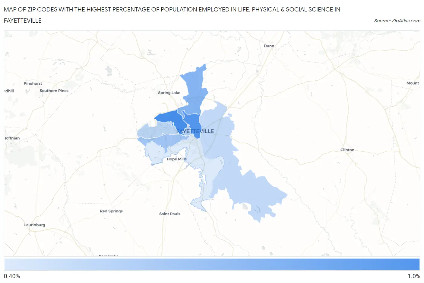 Zip Codes with the Highest Percentage of Population Employed in Life, Physical & Social Science in Fayetteville Map
